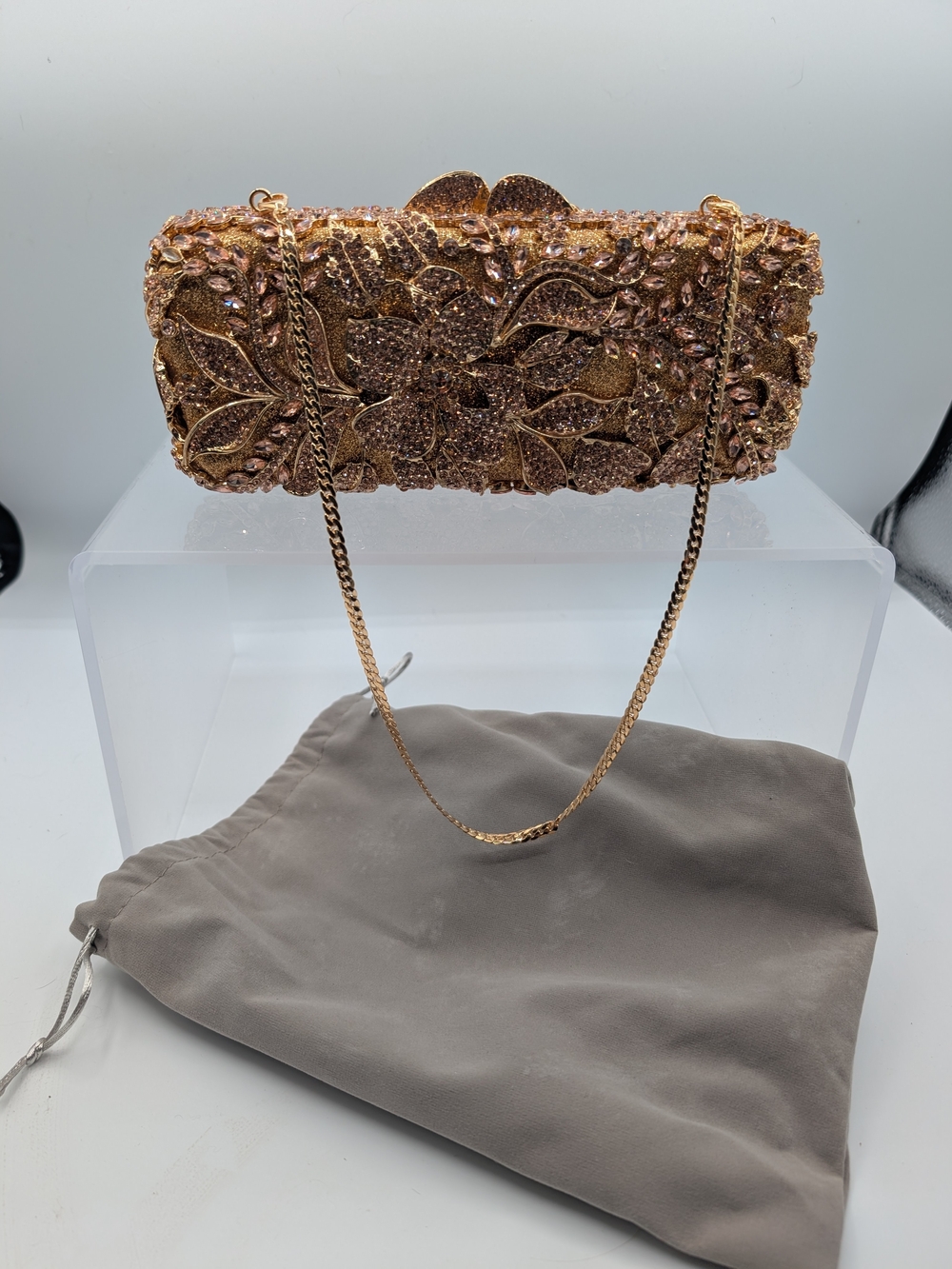 Gold Beaded Floral Evening Clutch with Chain